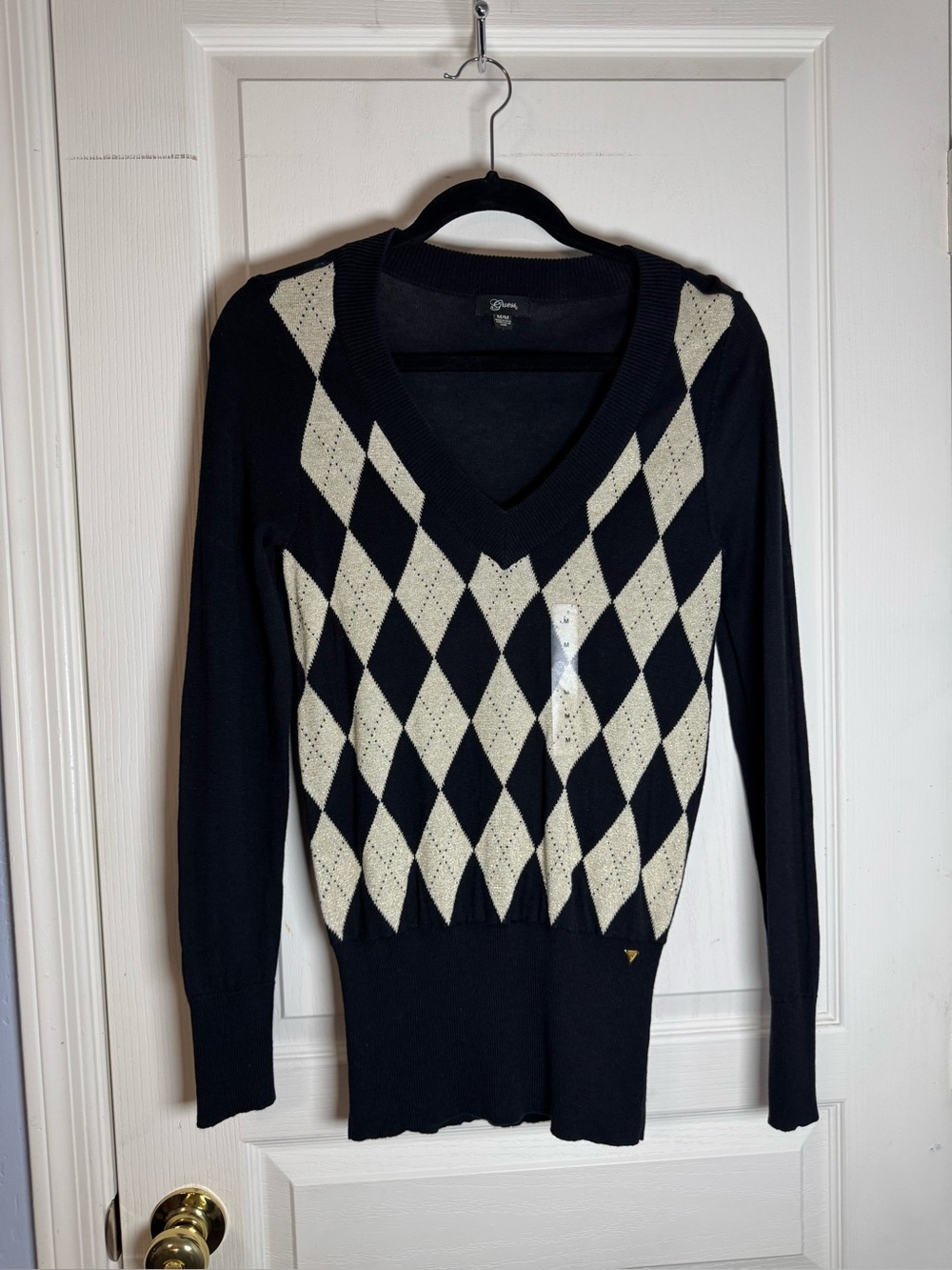 Women’s Black and Gold Argyle V-Neck Sweater, Size Medium